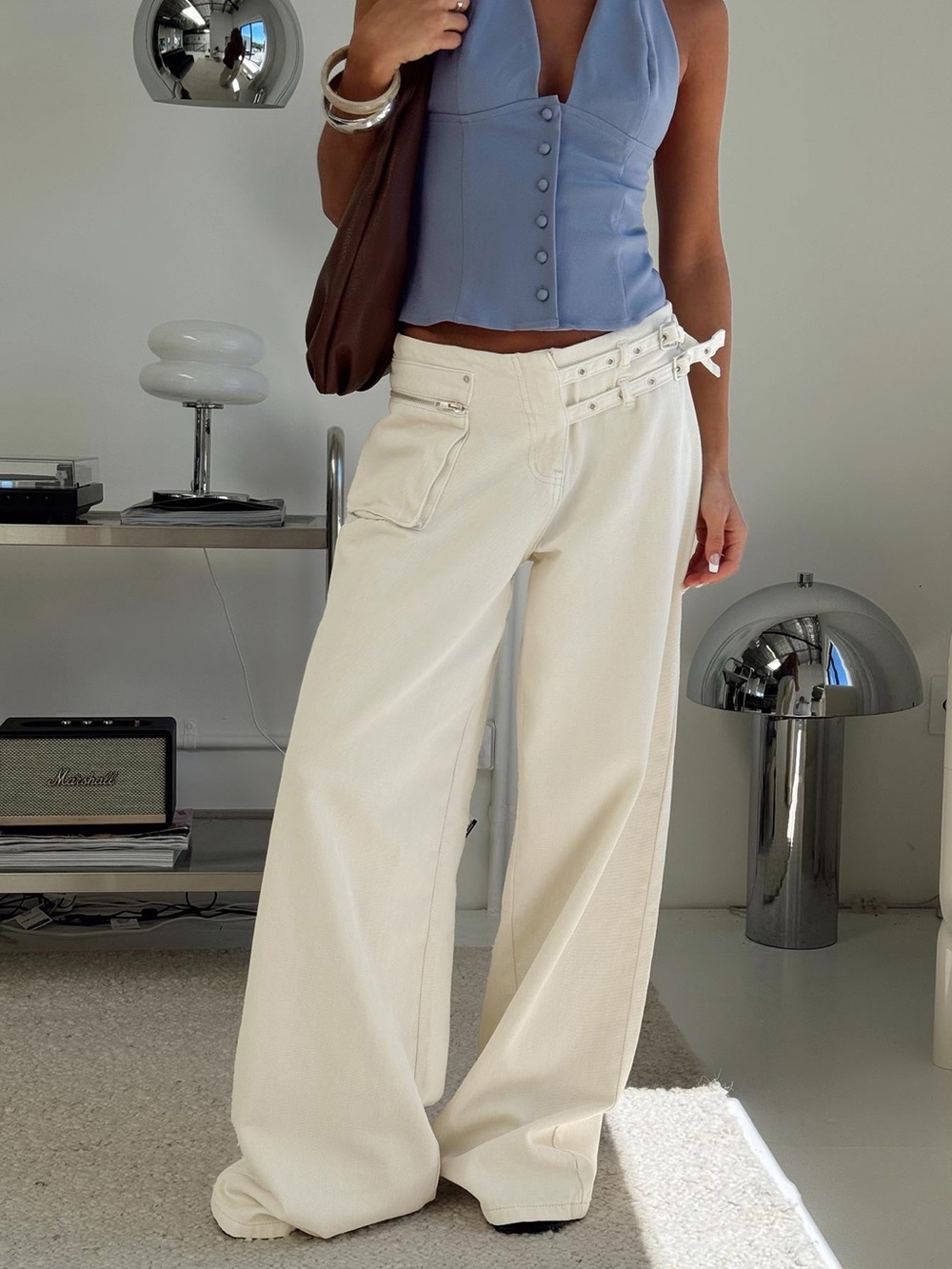 Princess Polly Paltrow Mid Rise Wide Leg Cargo Jeans Cream Size 8 NWT